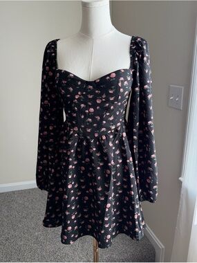 Princess Polly Rose Print Long Sleeve Flare Skater Dress Sweetheart Neckline